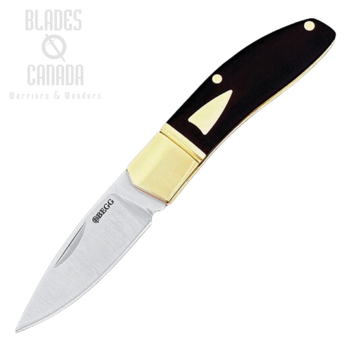 Begg Knives Traditional Slipjoint Folding Knife Small, 14C28N Satin Drop Point Blade, G10 Black, Brass Bolster, BG045